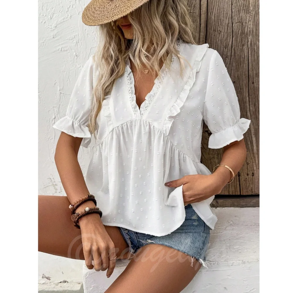 White Swiss Dot Babydoll V-Neck Short Puff Sleeve Top Shirt Frill Ruffle Trim - Picture 2 of 9